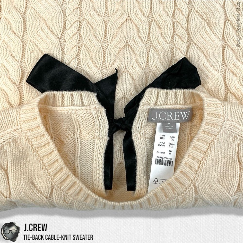 J.CREW TIE-BACK CABLE KNIT SWEATER IN BUTTERCREAM WITH BLACK BOW SLIGHT CROP MED - Picture 8 of 11